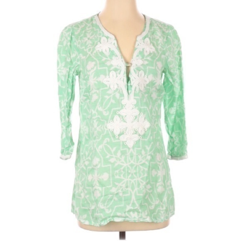 Charter Club preppy mint green and white linen Tory trellis tunic top size small